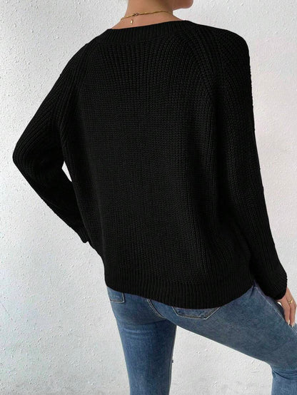 Aarhus V Neck Raglan Sleeve Ribbed Knit Sweater