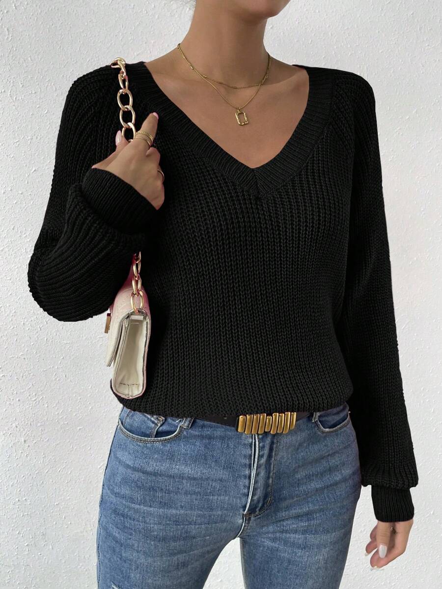 Aarhus V Neck Raglan Sleeve Ribbed Knit Sweater