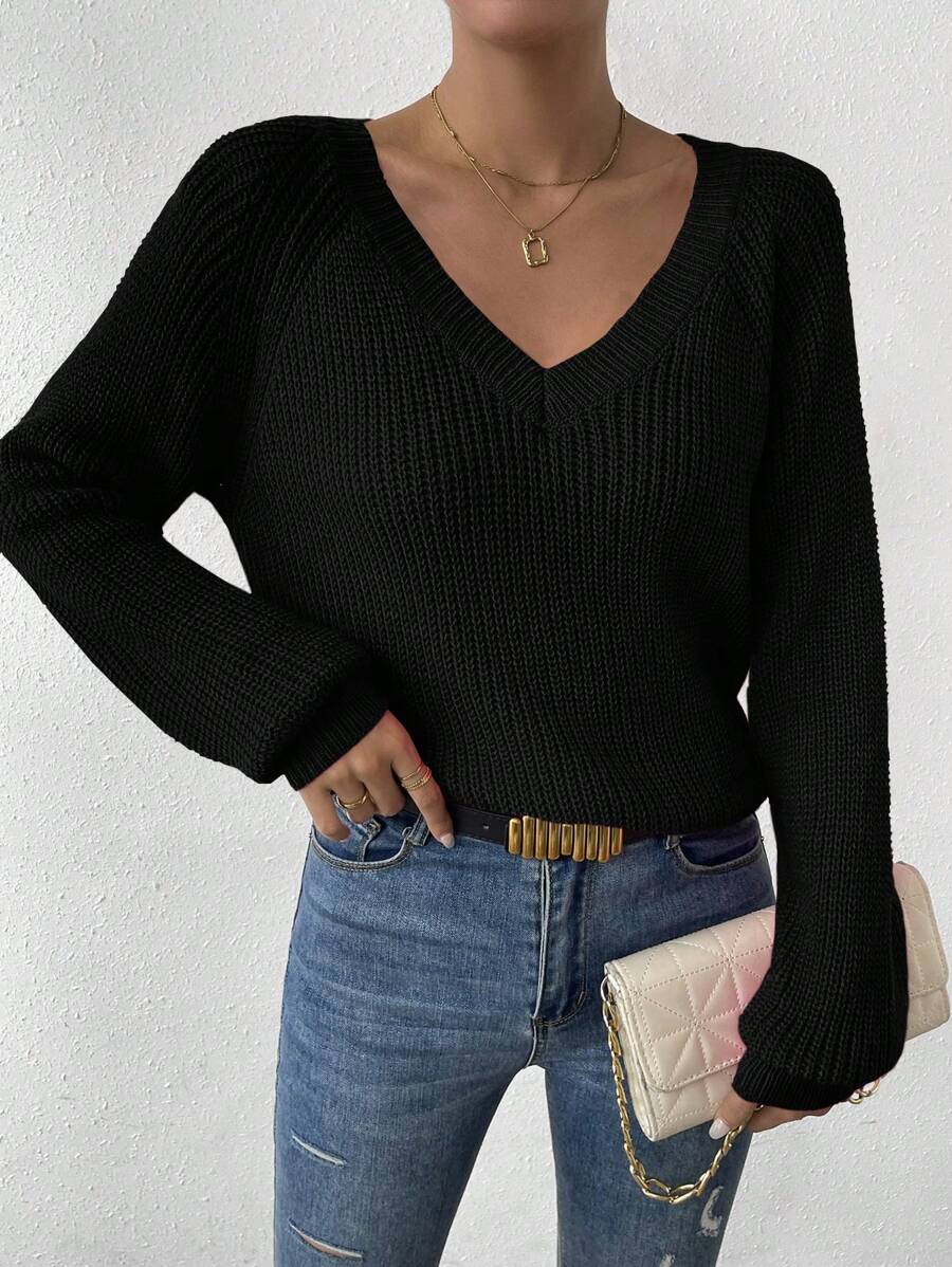Aarhus V Neck Raglan Sleeve Ribbed Knit Sweater