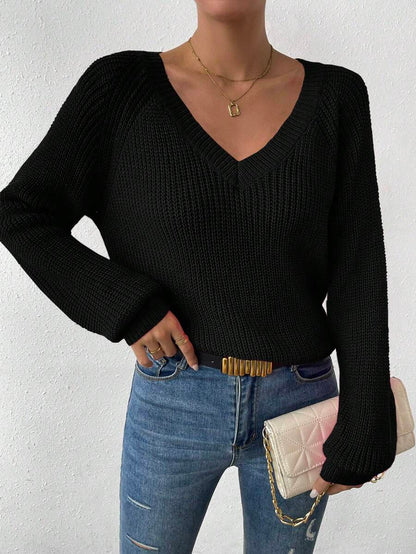 Aarhus V Neck Raglan Sleeve Ribbed Knit Sweater