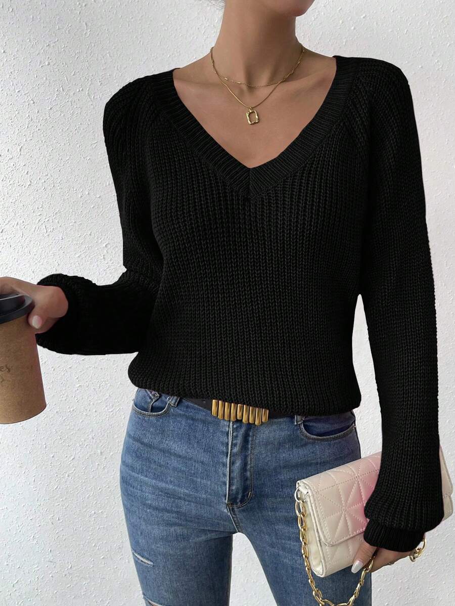 Aarhus V Neck Raglan Sleeve Ribbed Knit Sweater