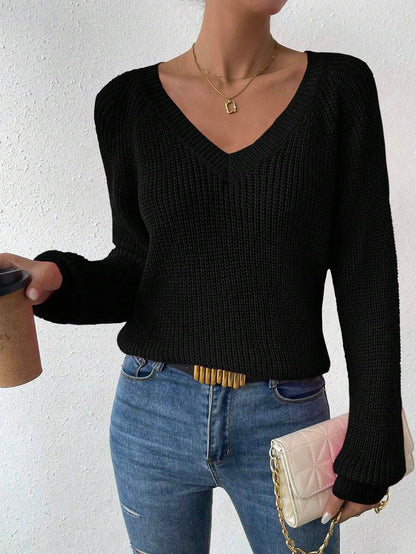 Aarhus V Neck Raglan Sleeve Ribbed Knit Sweater