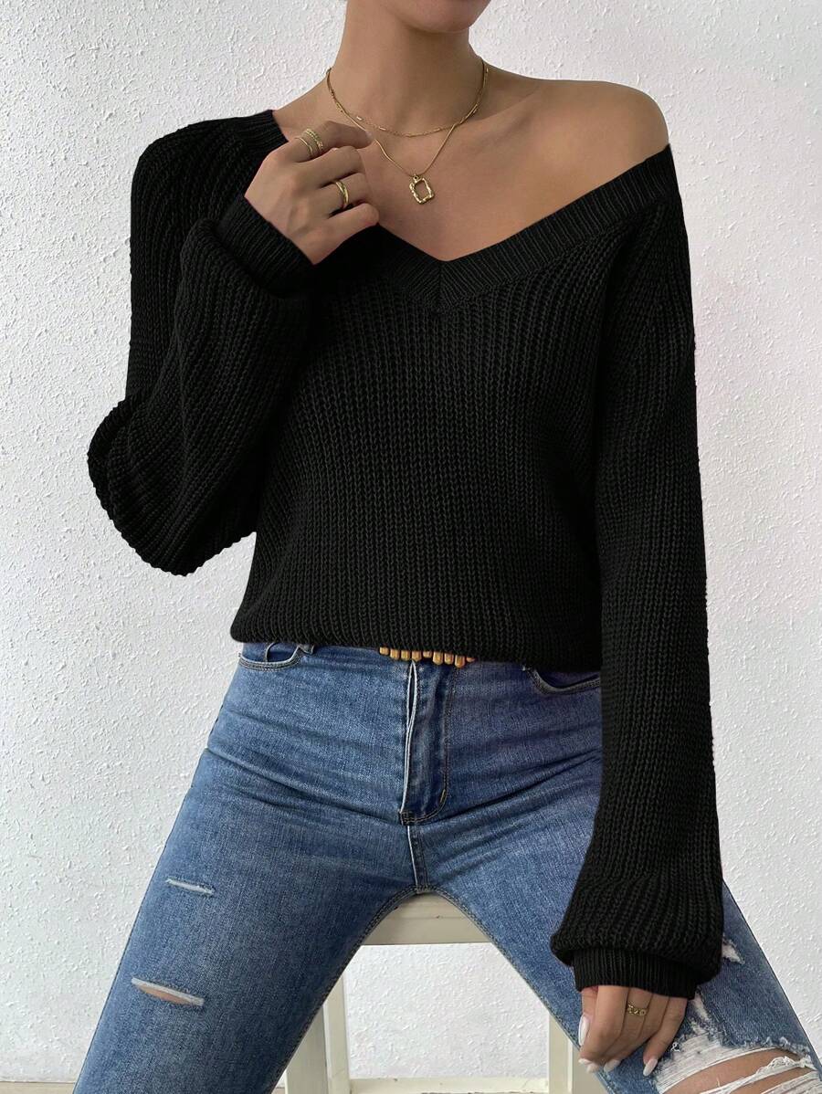 Aarhus V Neck Raglan Sleeve Ribbed Knit Sweater
