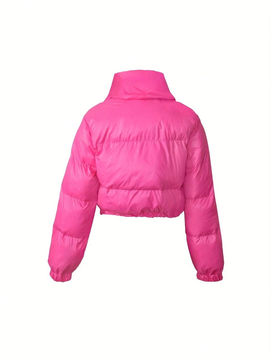 Allegra Cropped Puffer Jacket with Funnel Neck and Zip Front - Hot Pink