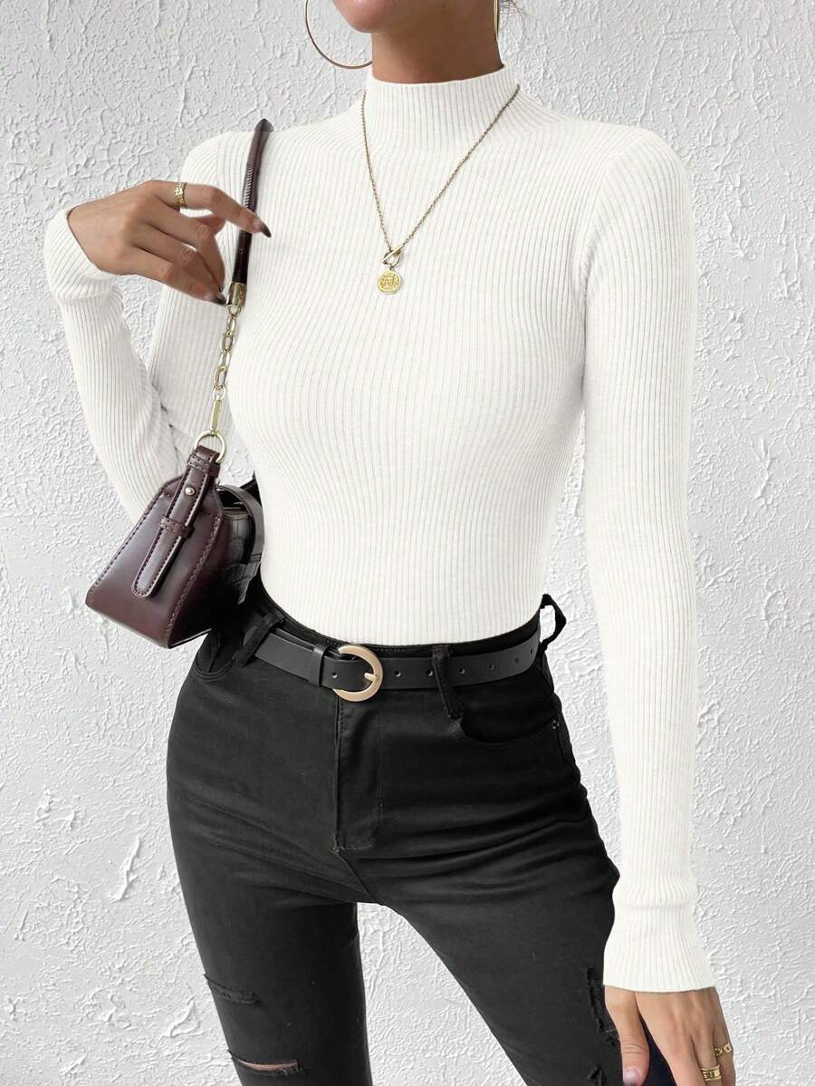 Verity Slim Ribbed Mock Neck Sweater Long Sleeve Pullover - White
