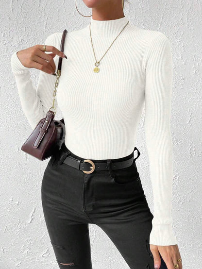 Verity Slim Ribbed Mock Neck Sweater Long Sleeve Pullover - White