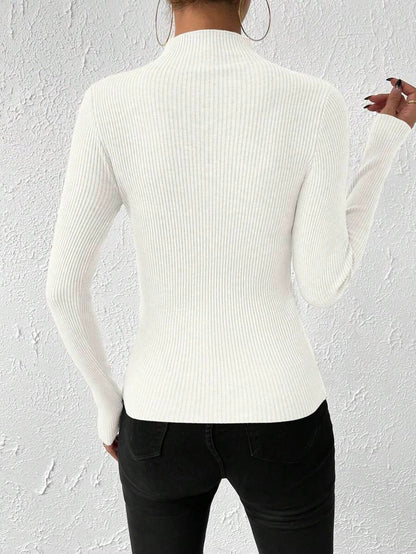 Verity Slim Ribbed Mock Neck Sweater Long Sleeve Pullover - White