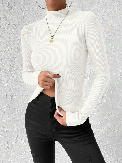 Verity Slim Ribbed Mock Neck Sweater Long Sleeve Pullover - White