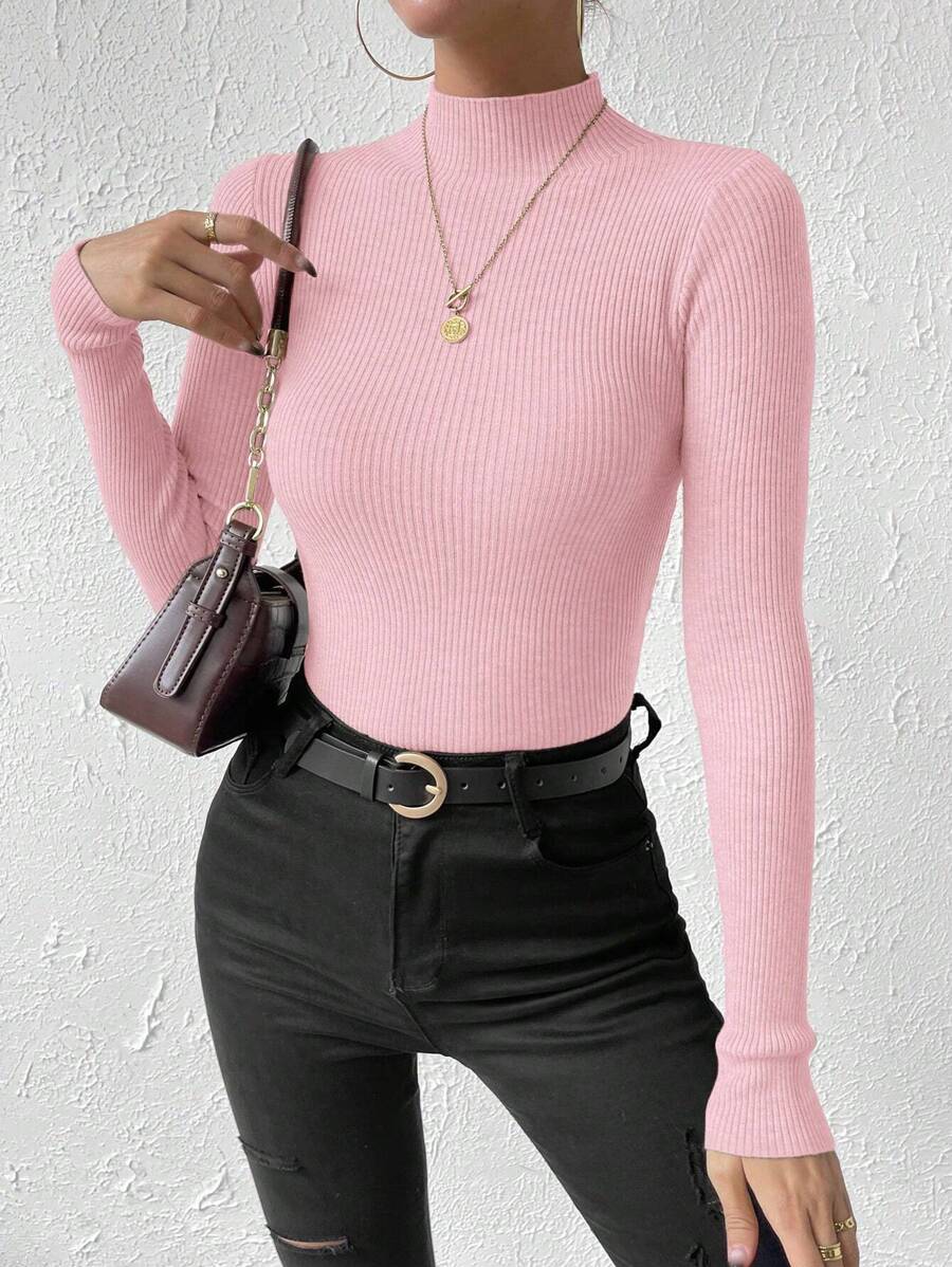 Verity Slim Ribbed Mock Neck Sweater Long Sleeve Pullover - Pink