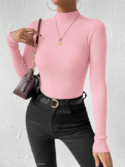 Verity Slim Ribbed Mock Neck Sweater Long Sleeve Pullover - Pink