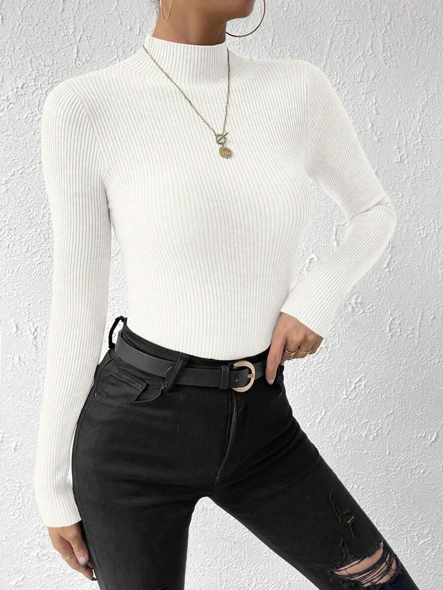 Verity Slim Ribbed Mock Neck Sweater Long Sleeve Pullover - White