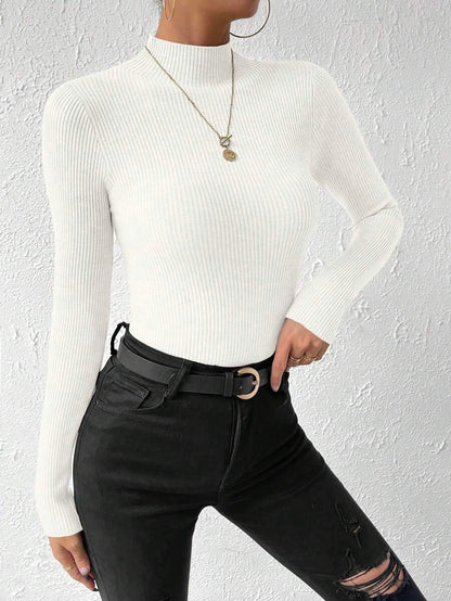 Verity Slim Ribbed Mock Neck Sweater Long Sleeve Pullover - White