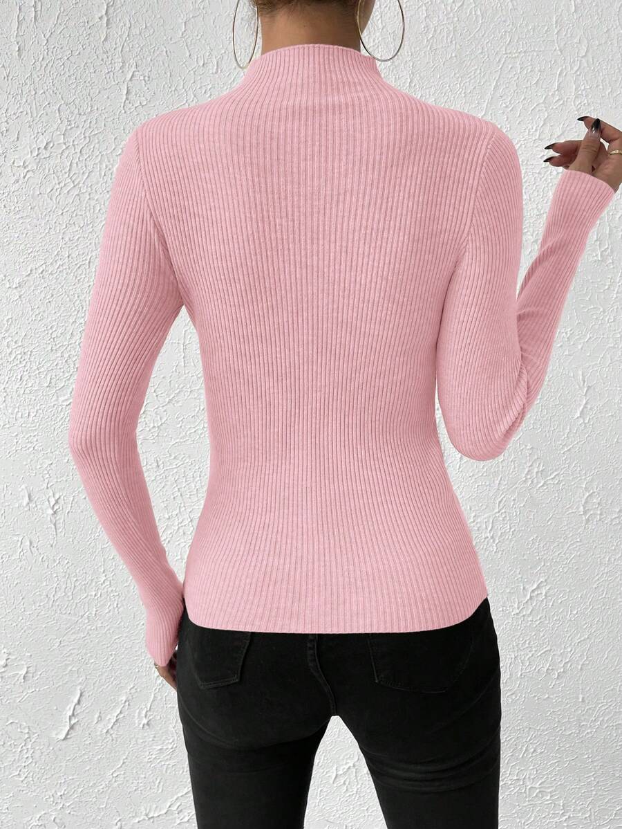 Verity Slim Ribbed Mock Neck Sweater Long Sleeve Pullover - Pink