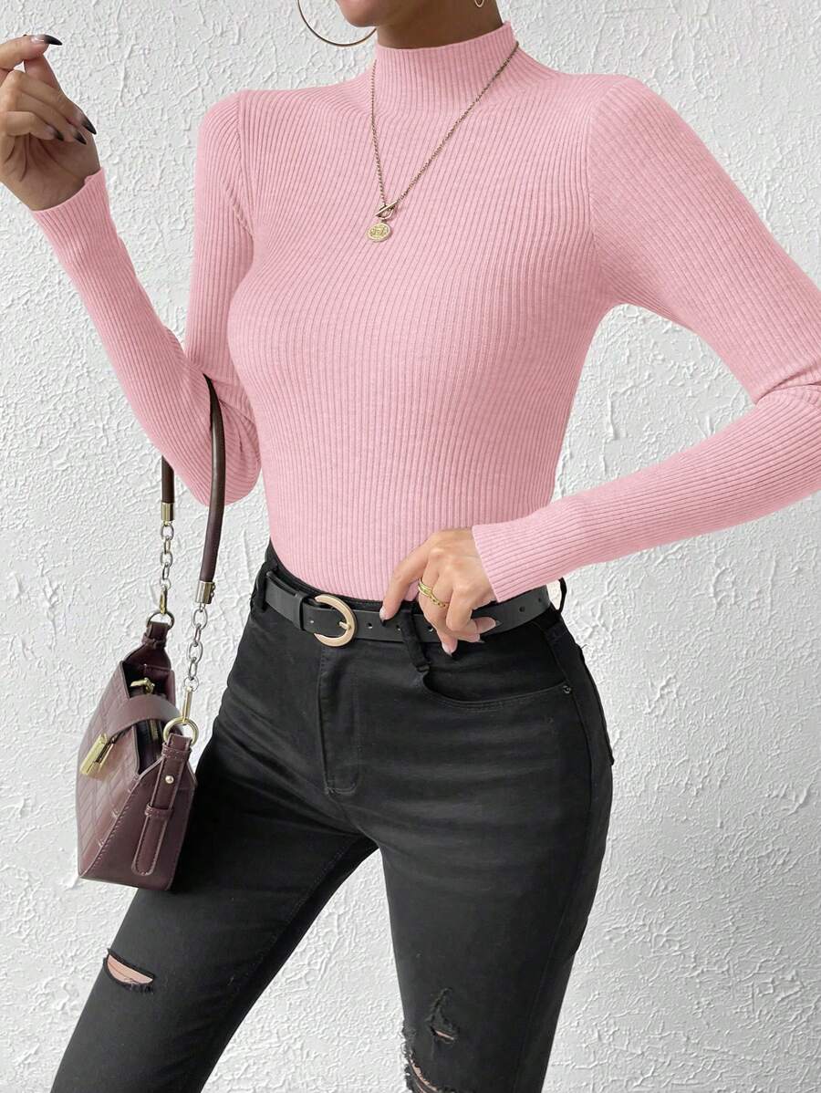 Verity Slim Ribbed Mock Neck Sweater Long Sleeve Pullover - Pink