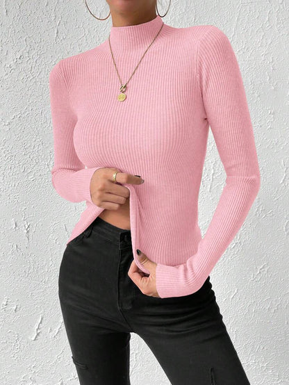 Verity Slim Ribbed Mock Neck Sweater Long Sleeve Pullover - Pink