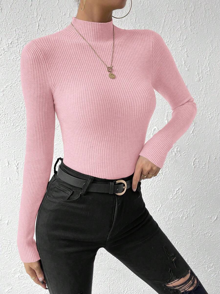Verity Slim Ribbed Mock Neck Sweater Long Sleeve Pullover - Pink