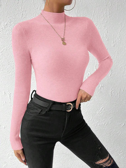 Verity Slim Ribbed Mock Neck Sweater Long Sleeve Pullover - Pink