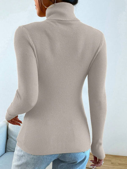 Nicolette Slim Fit Ribbed Knit Turtleneck Long Sleeve Sweater - Purple