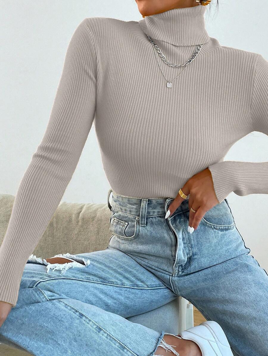 Nicolette Slim Fit Ribbed Knit Turtleneck Long Sleeve Sweater - Mustard Yellow