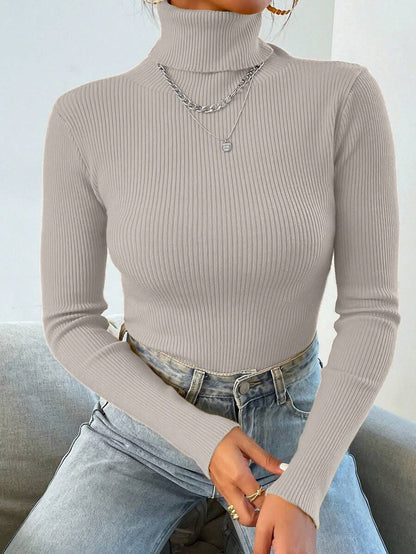 Nicolette Slim Fit Ribbed Knit Turtleneck Long Sleeve Sweater - Dusty Pink