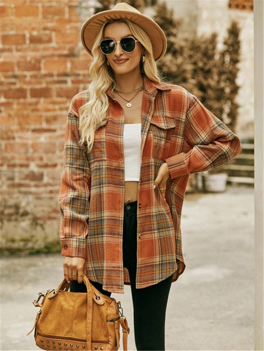 Astrid Plaid Drop Shoulder Shirt Collar Top - Coffee