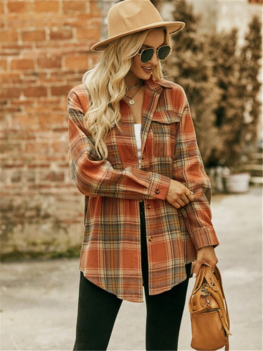 Astrid Plaid Drop Shoulder Shirt Collar Top - Green Plaid