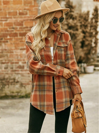 Astrid Plaid Drop Shoulder Shirt Collar Top - Green Plaid