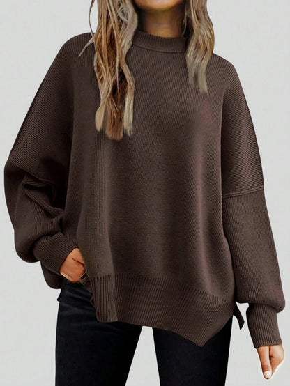 Josette Mock Neck Oversized Split Hem Drop Shoulder Sweater - Coffee Brown