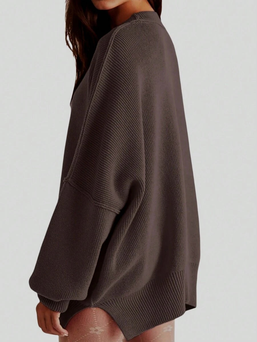 Josette Mock Neck Oversized Split Hem Drop Shoulder Sweater - Coffee Brown