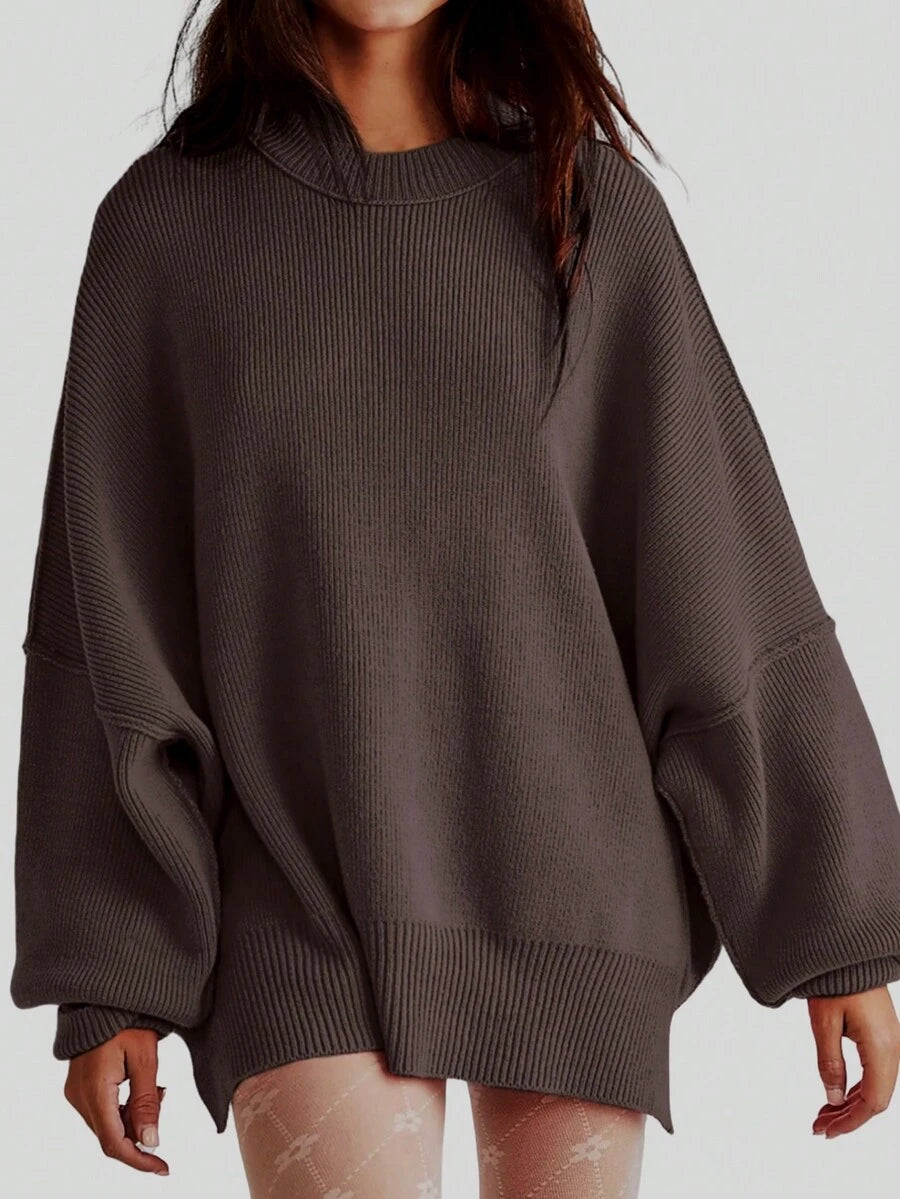 Josette Mock Neck Oversized Split Hem Drop Shoulder Sweater - Coffee Brown
