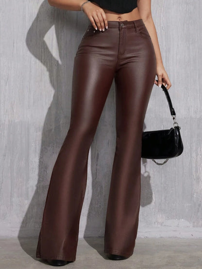 Canmore Coated Faux Leather Flare Pants for Tall Women - Chocolate Brown
