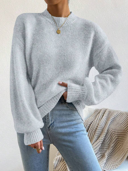 Viola Relaxed Mock Neck Sweater with Drop Shoulders - Light Grey
