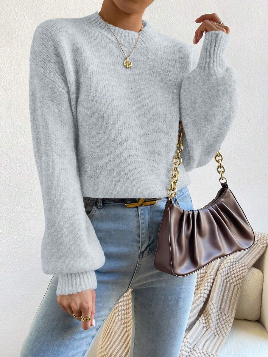 Viola Relaxed Mock Neck Sweater with Drop Shoulders - Light Grey