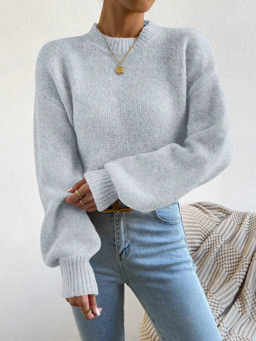 Viola Relaxed Mock Neck Sweater with Drop Shoulders - Light Grey