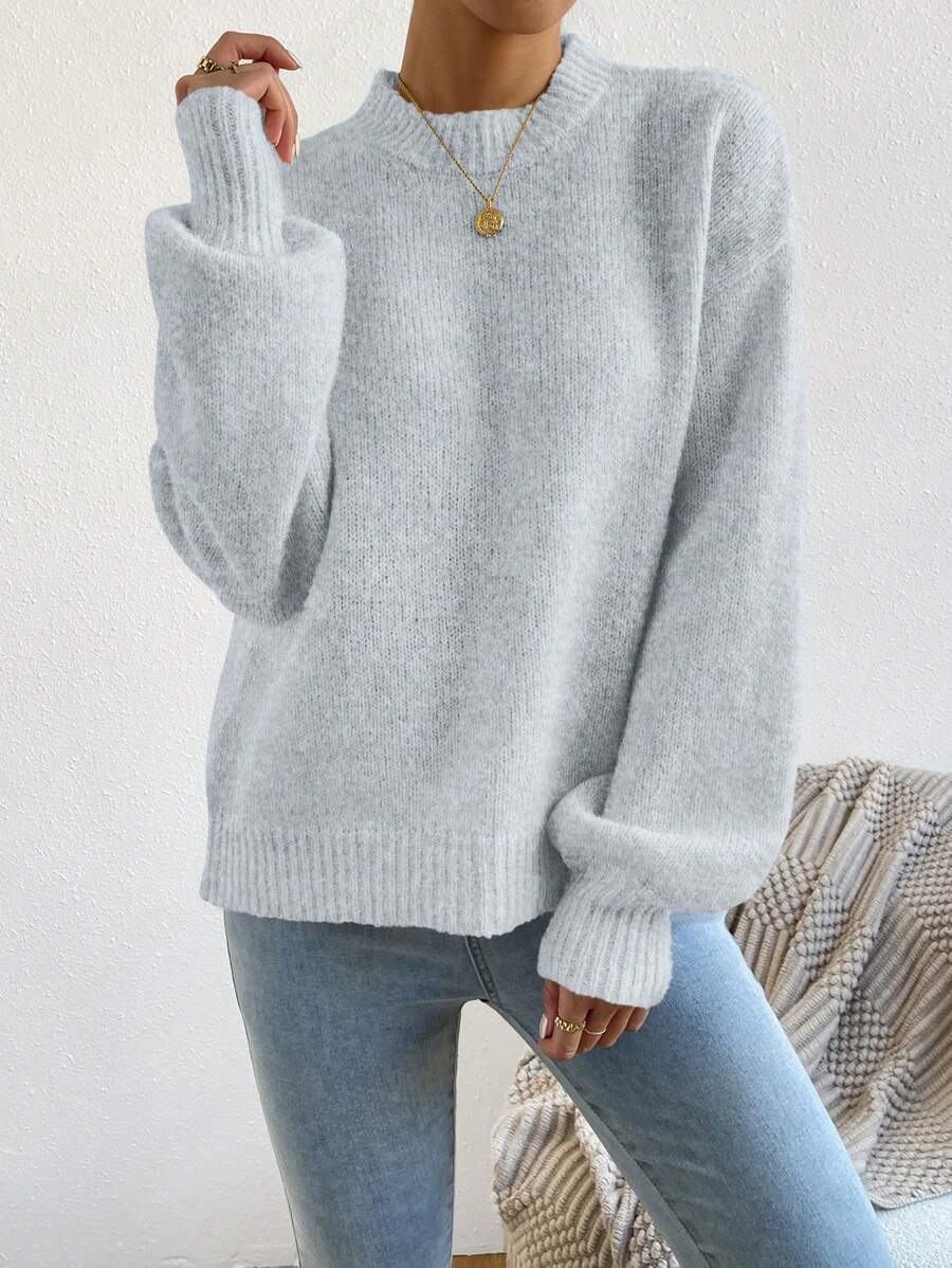 Viola Relaxed Mock Neck Sweater with Drop Shoulders - Light Grey