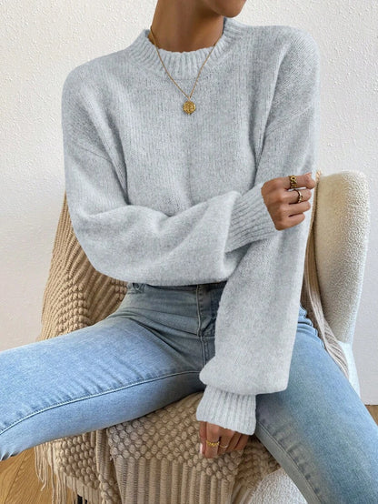 Viola Relaxed Mock Neck Sweater with Drop Shoulders - Light Grey