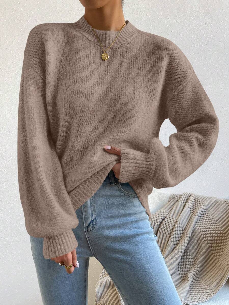 Viola Relaxed Mock Neck Sweater with Drop Shoulders - Taupe