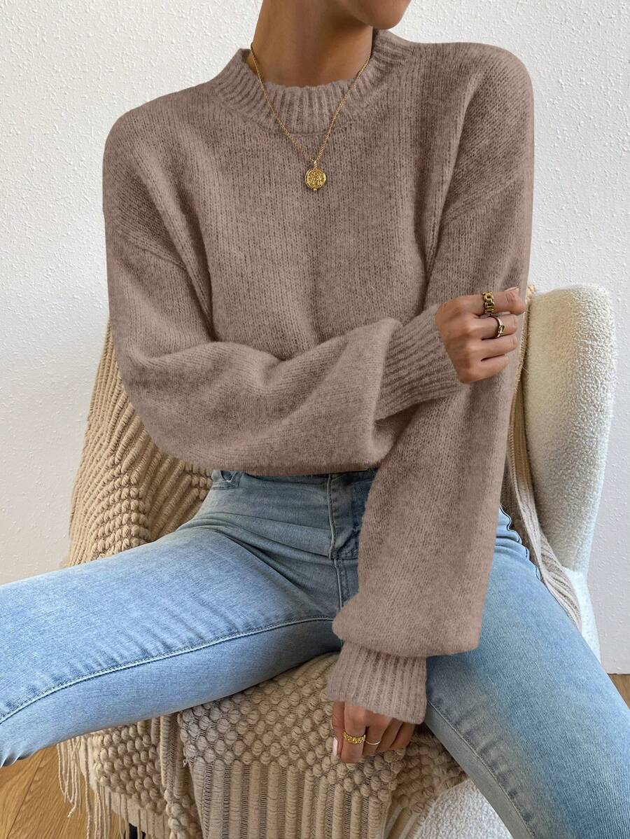 Viola Relaxed Mock Neck Sweater with Drop Shoulders - Taupe