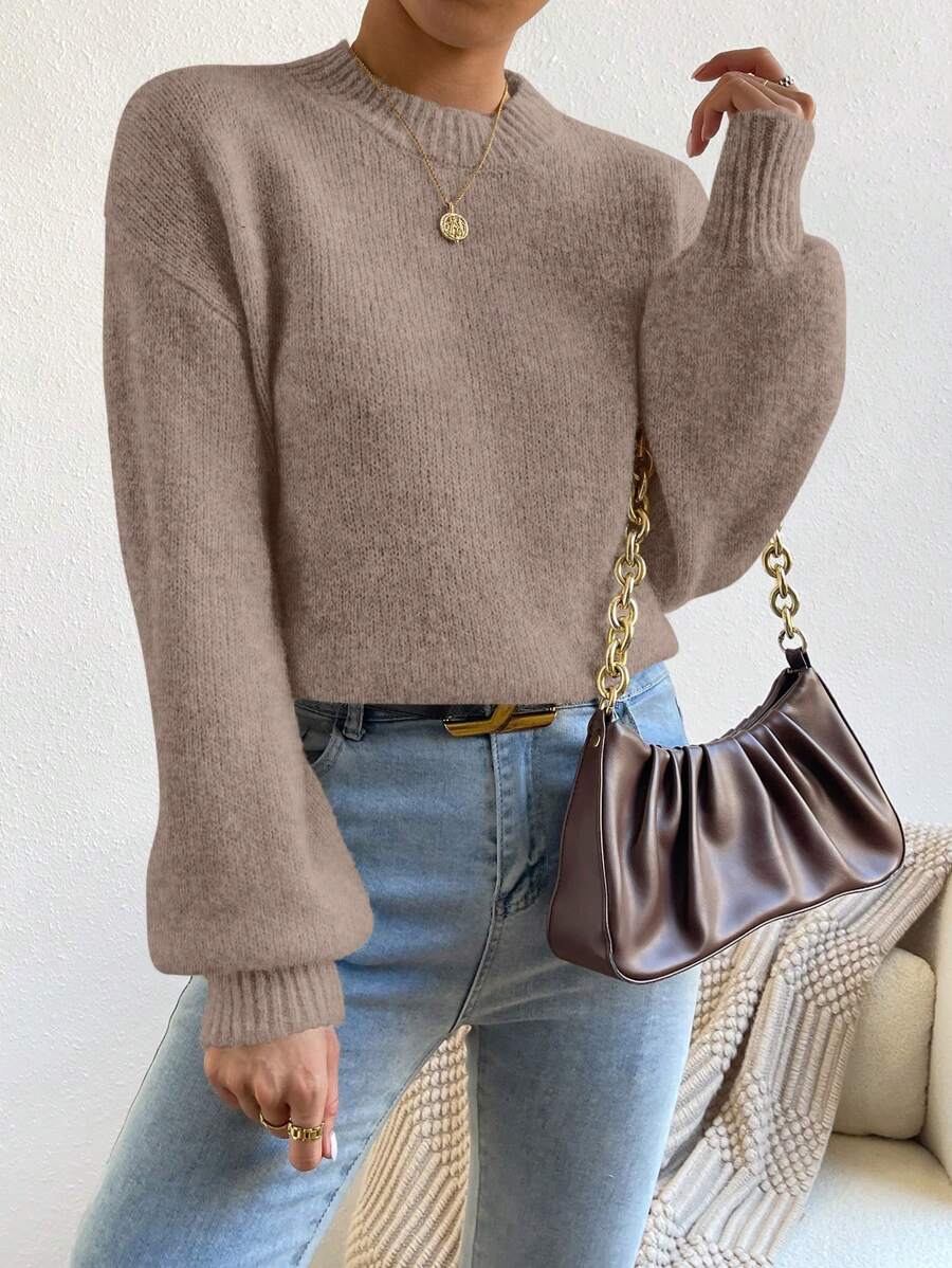 Viola Relaxed Mock Neck Sweater with Drop Shoulders - Taupe