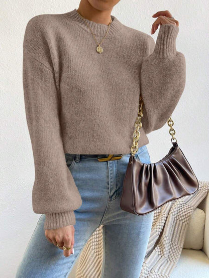 Viola Relaxed Mock Neck Sweater with Drop Shoulders - Taupe