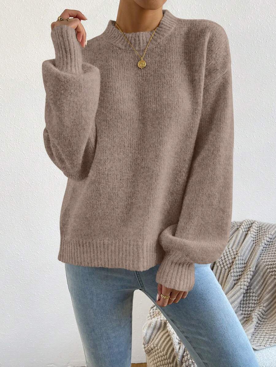 Viola Relaxed Mock Neck Sweater with Drop Shoulders - Taupe