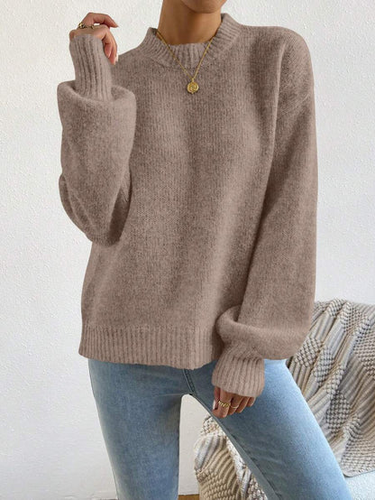 Viola Relaxed Mock Neck Sweater with Drop Shoulders - Taupe