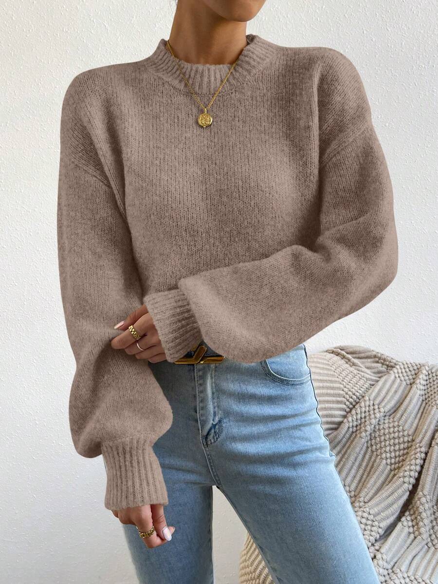 Viola Relaxed Mock Neck Sweater with Drop Shoulders - Taupe