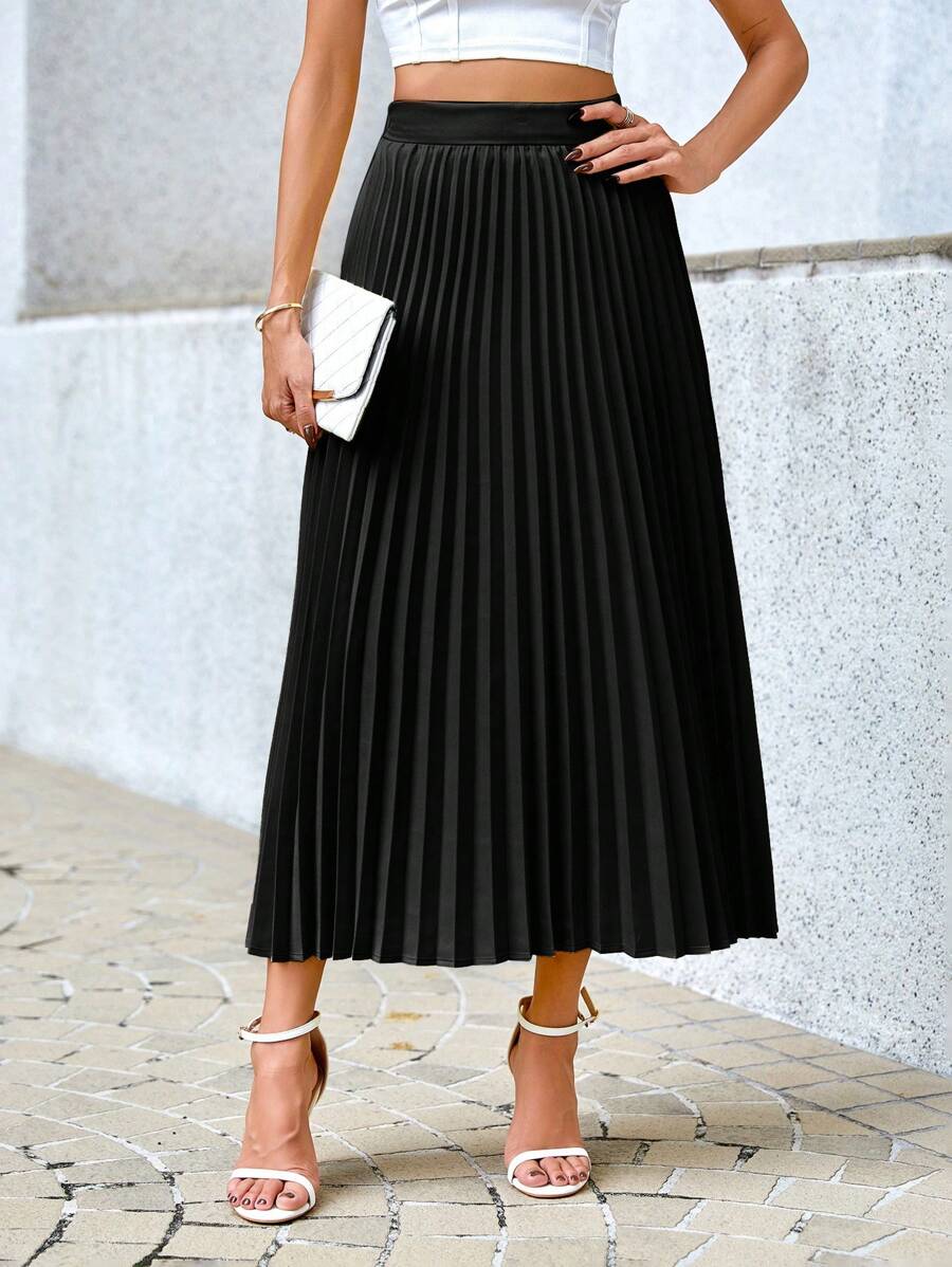Camila Elegant High-Waist Pleated A-Line Midi Skirt - Black