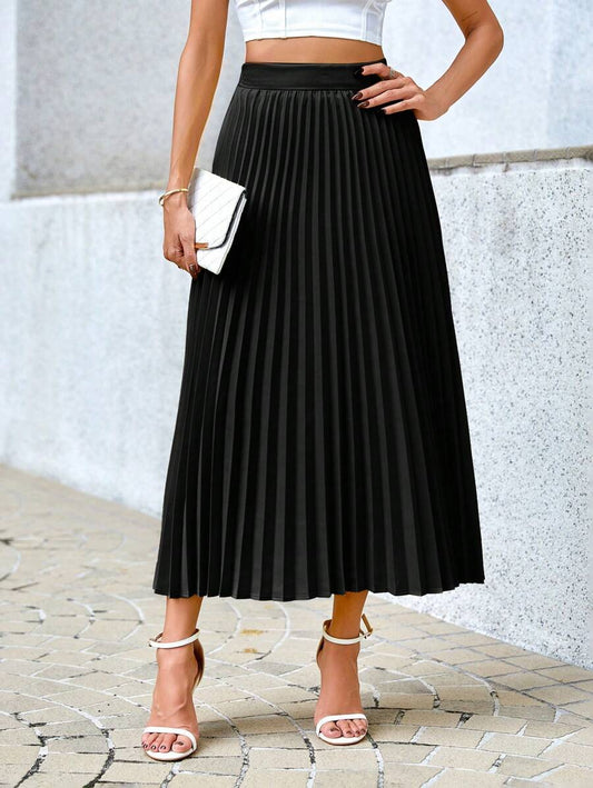 Camila Elegant High-Waist Pleated A-Line Midi Skirt - Black