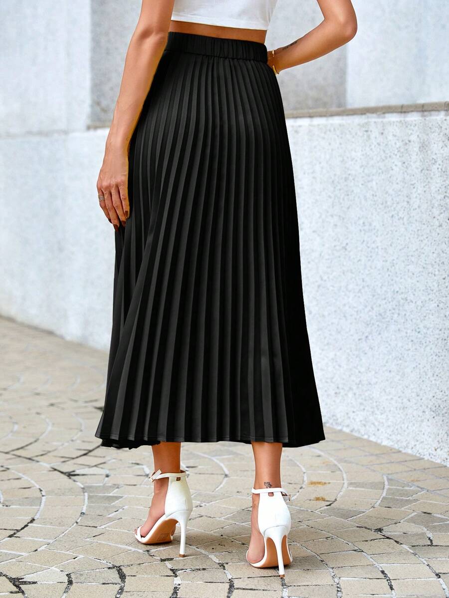 Camila Elegant High-Waist Pleated A-Line Midi Skirt - Black