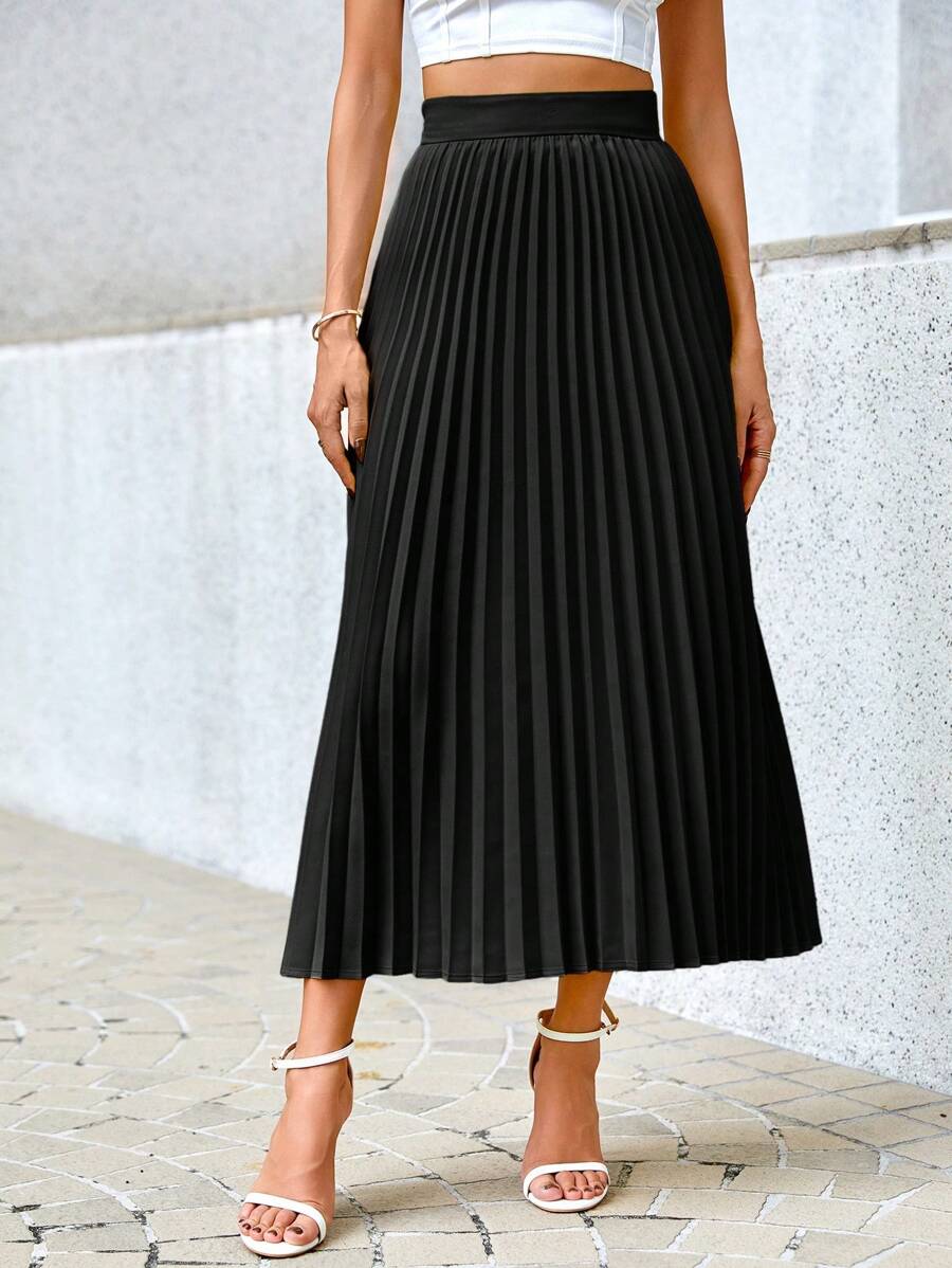 Camila Elegant High-Waist Pleated A-Line Midi Skirt - Black