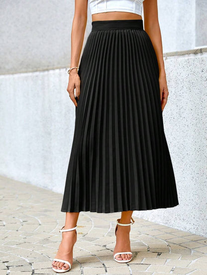 Camila Elegant High-Waist Pleated A-Line Midi Skirt - Black