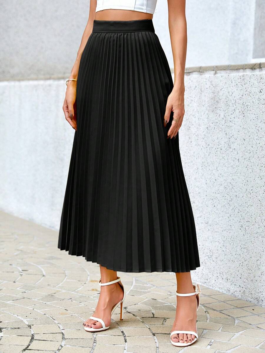 Camila Elegant High-Waist Pleated A-Line Midi Skirt - Black