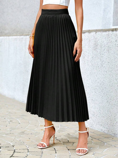 Camila Elegant High-Waist Pleated A-Line Midi Skirt - Black